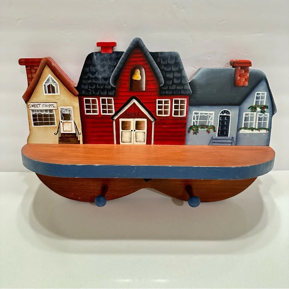 Vintage Cottagecore Village Scene‎ Wooden Wall Shelf Hooks Heart Hand Crafted